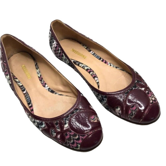 Missoni Shoes - MISSONI | sz 38/ US 8 Women's Maroon Multi Chevron Leather Almond Toe Caps Flats